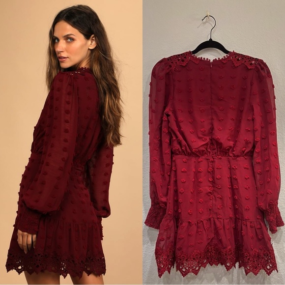 Size XS Lulus Lust or Love Wine Red Embroidered Lace Long Sleeve Dress - Picture 3 of 9